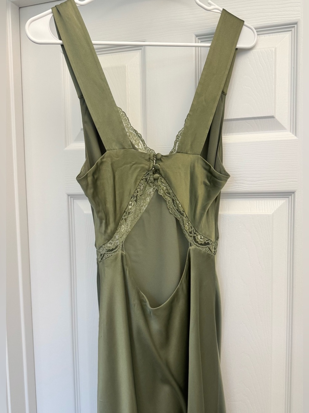 Reformation Olive Satin Lace-Trim Wedding Guest Dress - Picture 7 of 10
